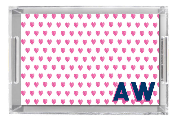 Lucite Tray - Preppy Water color Hearts Pink and White