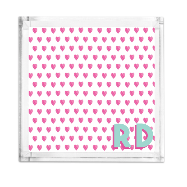 Lucite Tray - Preppy Water color Hearts Pink and White