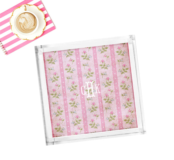 Lucite Tray - Preppy Loveshack inspired Floral Stripes Pink