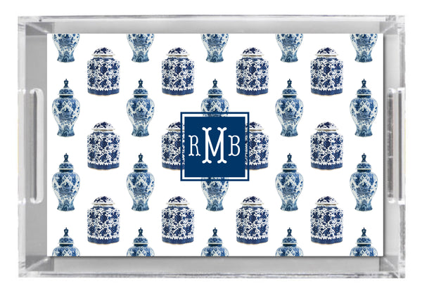 Lucite Tray - Chinoiseire toile blue and white ginger jars
