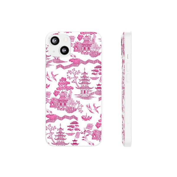 Flexible Phone Case - Chinoiserie Hot Pink and White Toile pagoda Choose style iPhone Samsung