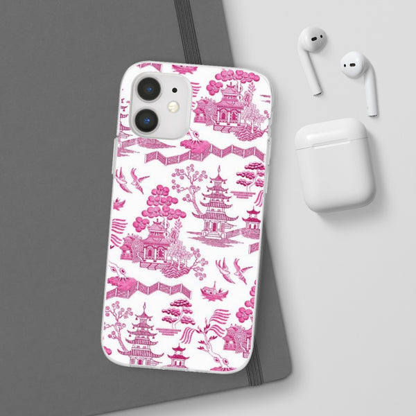 Flexible Phone Case - Chinoiserie Hot Pink and White Toile pagoda Choose style iPhone Samsung