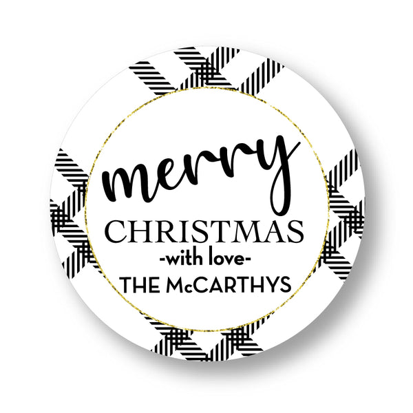 Holiday Gift Sticker Classic Modern Plaid black and white