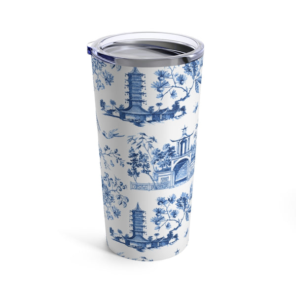 Chinoiserie Chic Blue and White Toile Tumbler Drink stays cool 20oz Loveshackfancy Inspired