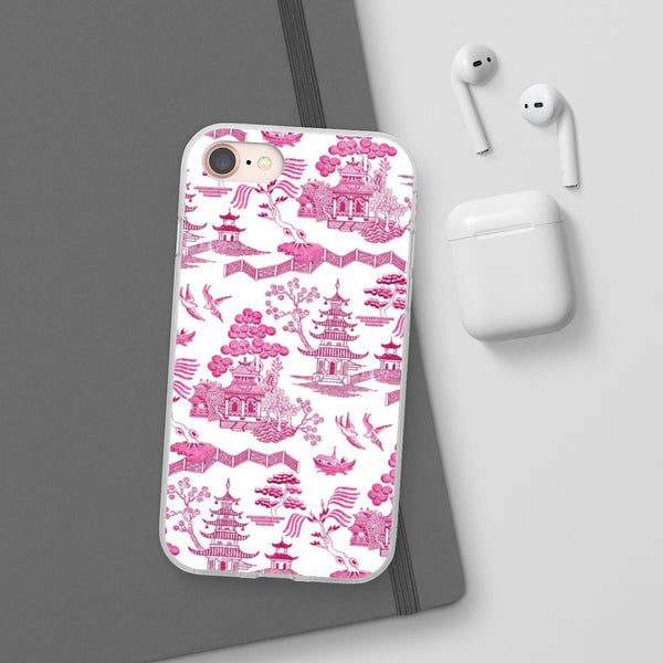 Flexible Phone Case - Chinoiserie Hot Pink and White Toile pagoda Choose style iPhone Samsung