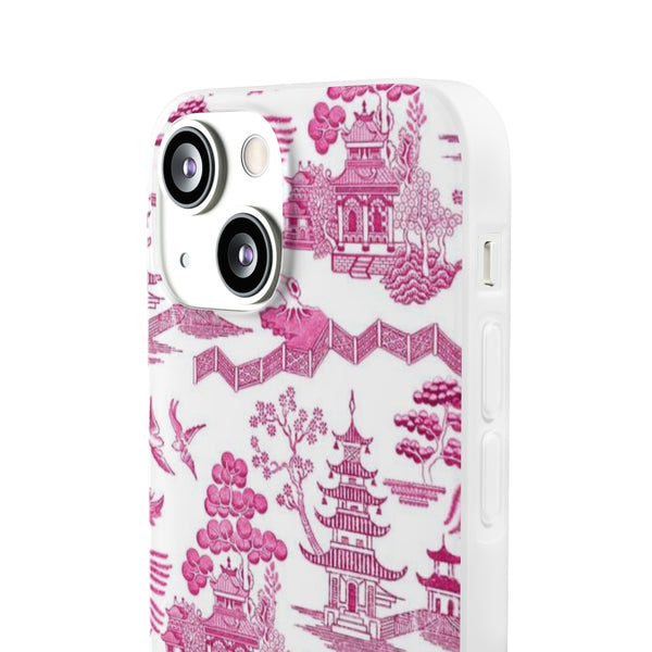 Flexible Phone Case - Chinoiserie Hot Pink and White Toile pagoda Choose style iPhone Samsung