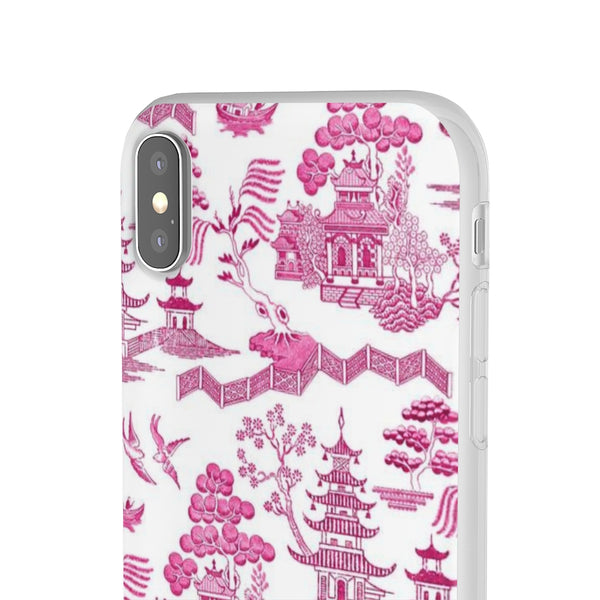 Flexible Phone Case - Chinoiserie Hot Pink and White Toile pagoda Choose style iPhone Samsung