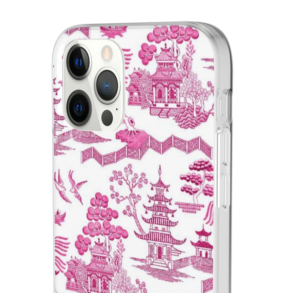 Flexible Phone Case - Chinoiserie Hot Pink and White Toile pagoda Choose style iPhone Samsung