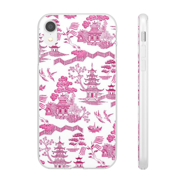 Flexible Phone Case - Chinoiserie Hot Pink and White Toile pagoda Choose style iPhone Samsung