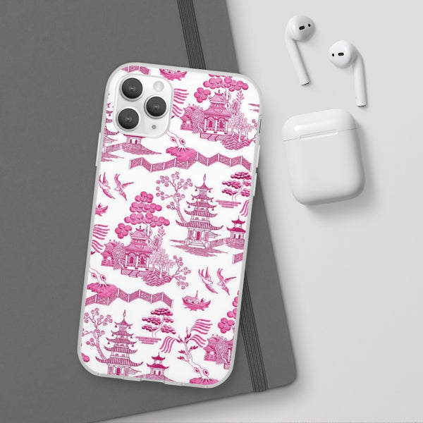 Flexible Phone Case - Chinoiserie Hot Pink and White Toile pagoda Choose style iPhone Samsung