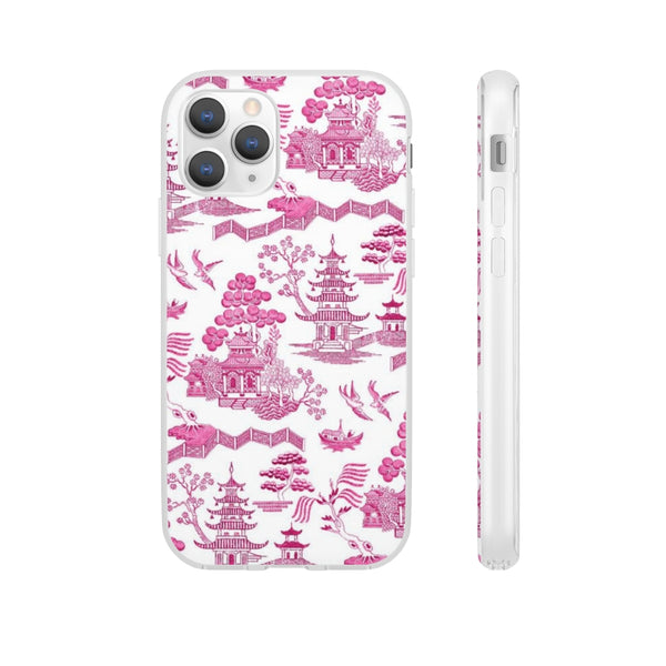 Flexible Phone Case - Chinoiserie Hot Pink and White Toile pagoda Choose style iPhone Samsung