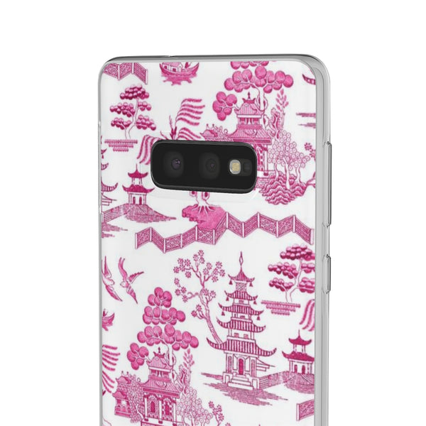 Flexible Phone Case - Chinoiserie Hot Pink and White Toile pagoda Choose style iPhone Samsung