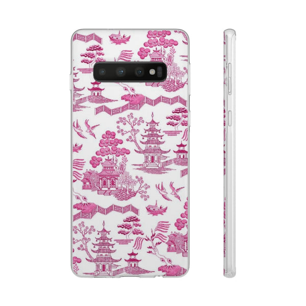 Flexible Phone Case - Chinoiserie Hot Pink and White Toile pagoda Choose style iPhone Samsung