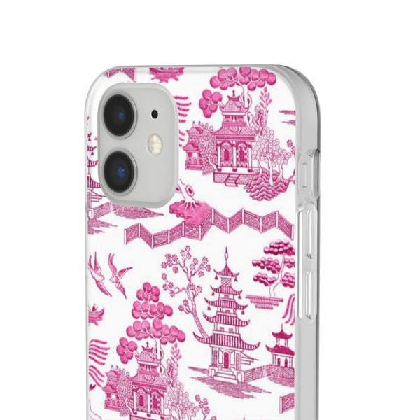 Flexible Phone Case - Chinoiserie Hot Pink and White Toile pagoda Choose style iPhone Samsung