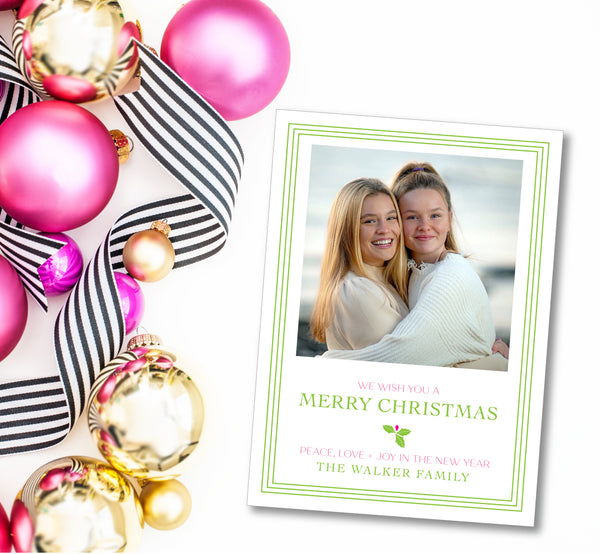 Holiday Classic Photo Card Triple Stripe Border - Lime Green