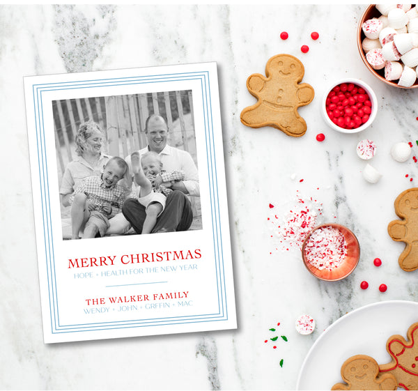 Holiday Classic Photo Card Triple Stripe Border - Pale Blue