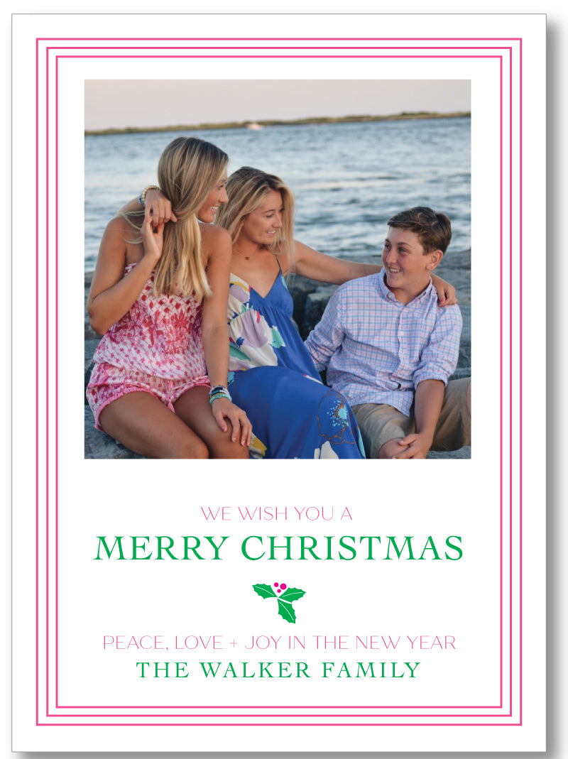 Holiday Classic Photo Card Triple Stripe Border - Hot Pink
