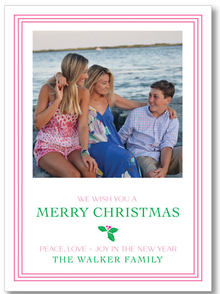 Holiday Classic Photo Card Triple Stripe Border - Hot Pink