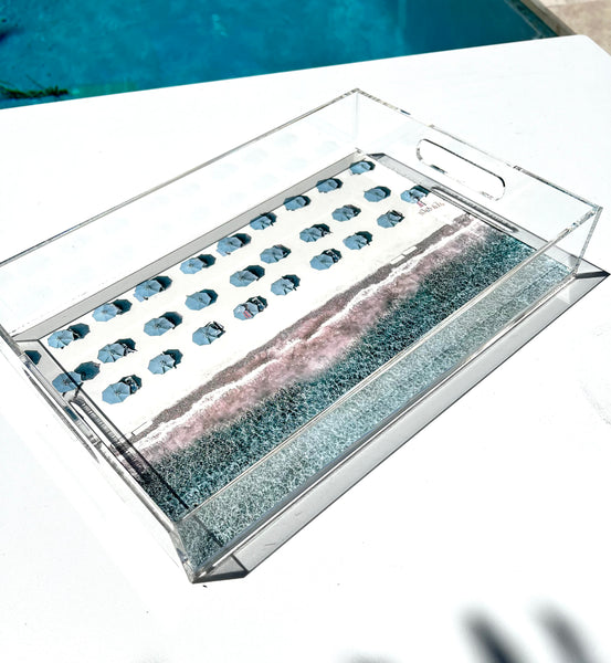 Lucite Tray - Aerial Beach Print - Blue Umbrellas