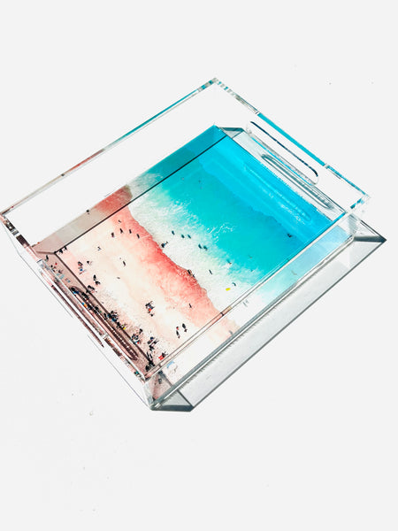 Lucite Tray - Aerial Beach Print - Aqua Water Pink Sand