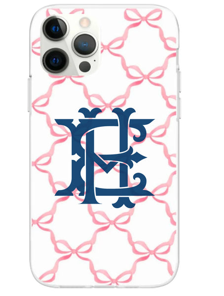 Phone Case - Watercolor Bow Pattern Pink with Chinoiserie Monogram
