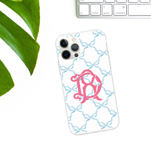 Phone Case - Watercolor Bow Pattern with Chinoiserie Monogram