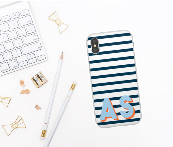 Phone Case - Preppy Navy + White Stripes with Monogram