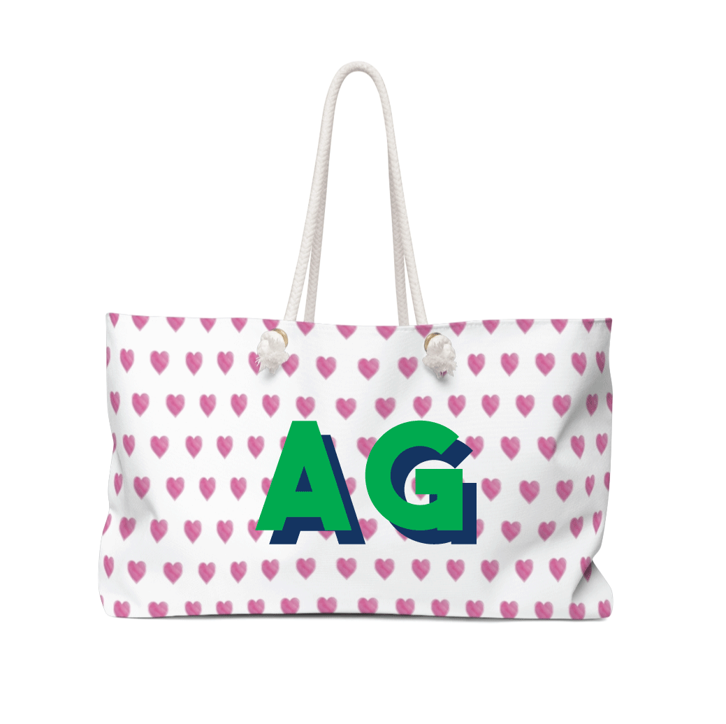 Personalized Tote for Pool, Beach, Boat with Rope Handles - Preppy Watercolor Heart Pattern Pink Roller Rabbit Inspired