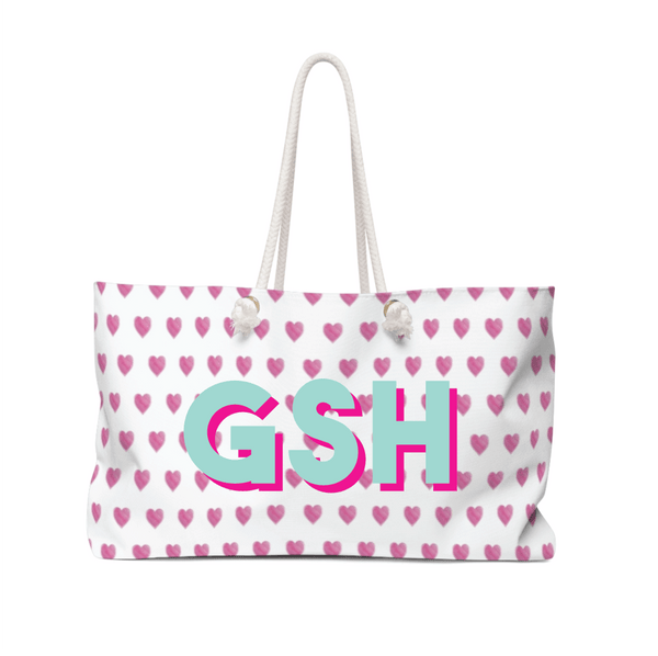 Personalized Tote for Pool, Beach, Boat with Rope Handles - Preppy Watercolor Heart Pattern Pink Roller Rabbit Inspired