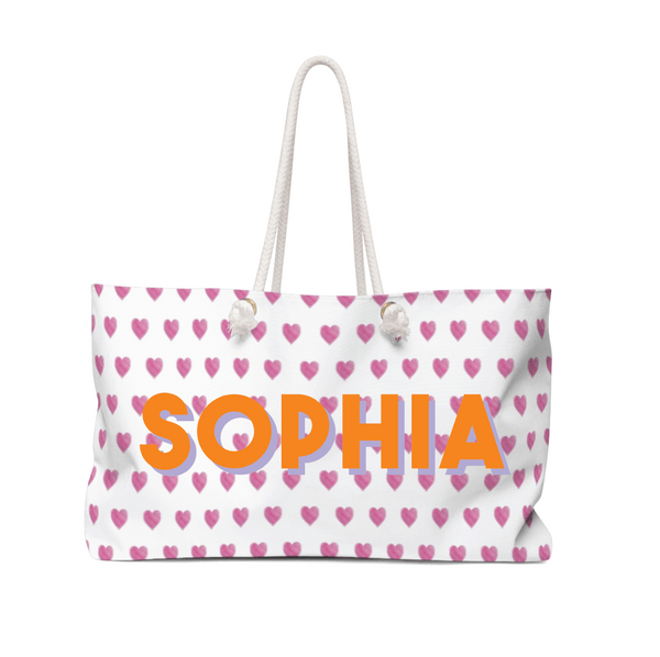 Personalized Tote for Pool, Beach, Boat with Rope Handles - Preppy Watercolor Heart Pattern Pink Roller Rabbit Inspired