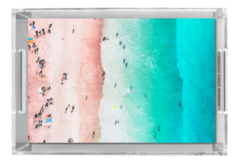 Lucite Tray - Aerial Beach Print - Aqua Water Pink Sand