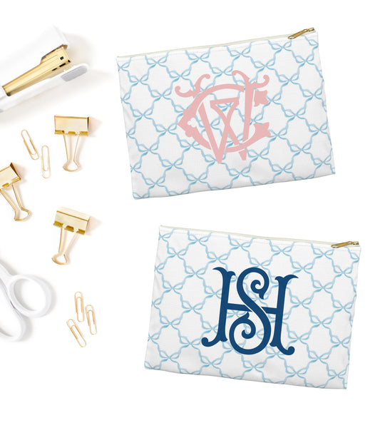 Canvas Zip Monogrammed Soft  Blue Bows with Chinoiserie Monogram