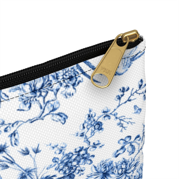 Chinoiserie Toile Blue and White Makeup Case, Toiletry Travel  - Accessory Pouch Available in Two Sizes - White canvas laminated interior