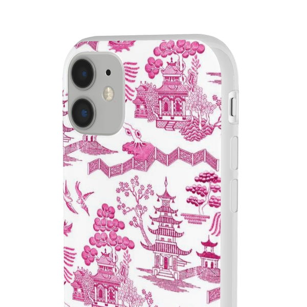 Flexible Phone Case - Chinoiserie Hot Pink and White Toile pagoda Choose style iPhone Samsung