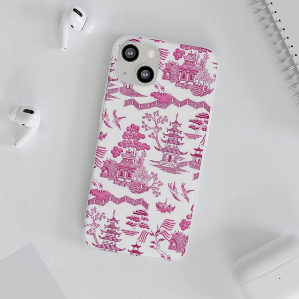 Flexible Phone Case - Chinoiserie Hot Pink and White Toile pagoda Choose style iPhone Samsung