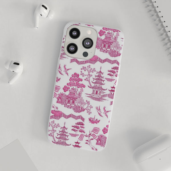 Flexible Phone Case - Chinoiserie Hot Pink and White Toile pagoda Choose style iPhone Samsung