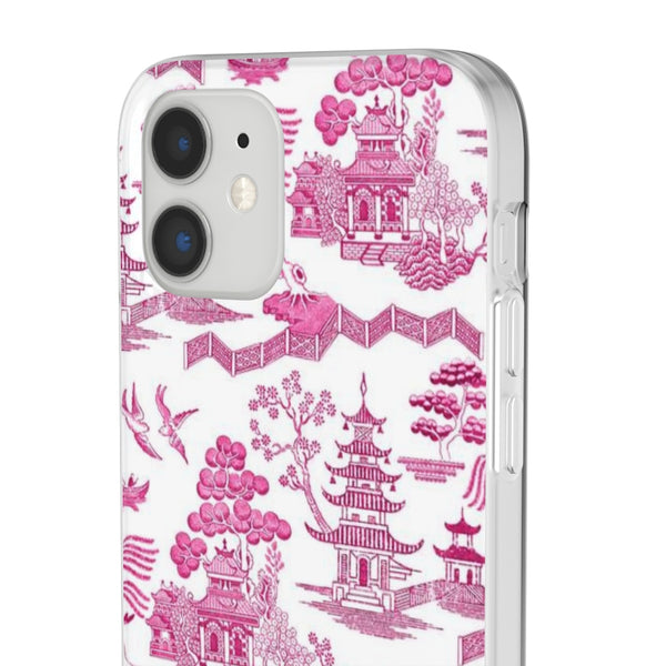 Flexible Phone Case - Chinoiserie Hot Pink and White Toile pagoda Choose style iPhone Samsung