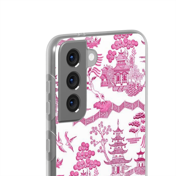 Flexible Phone Case - Chinoiserie Hot Pink and White Toile pagoda Choose style iPhone Samsung