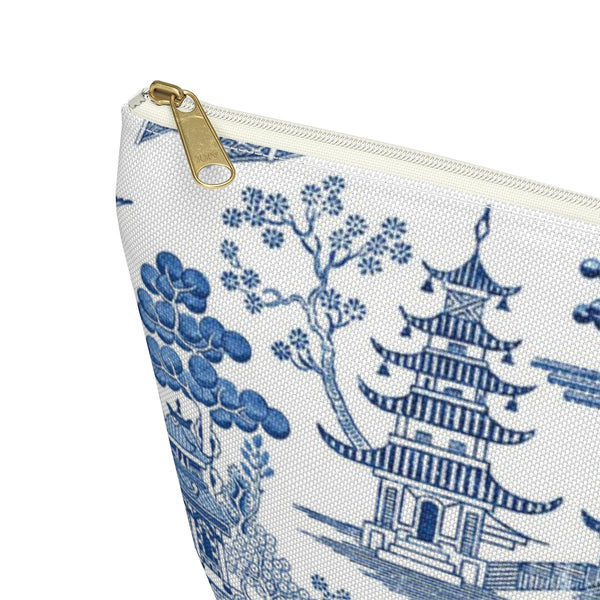 Chinoiserie, Toile, Blue and White - Accessory Zip Pouch Available in Two Sizes - White canvas laminated interior