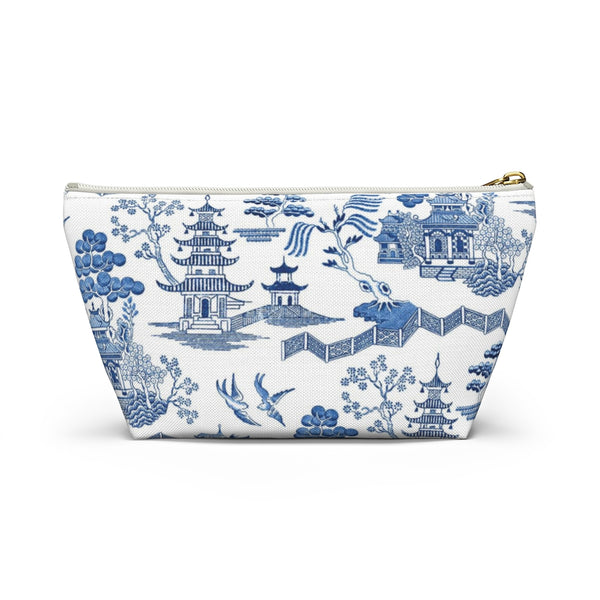 Chinoiserie, Toile, Blue and White - Accessory Zip Pouch Available in Two Sizes - White canvas laminated interior