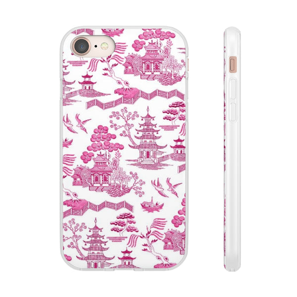 Flexible Phone Case - Chinoiserie Hot Pink and White Toile pagoda Choose style iPhone Samsung