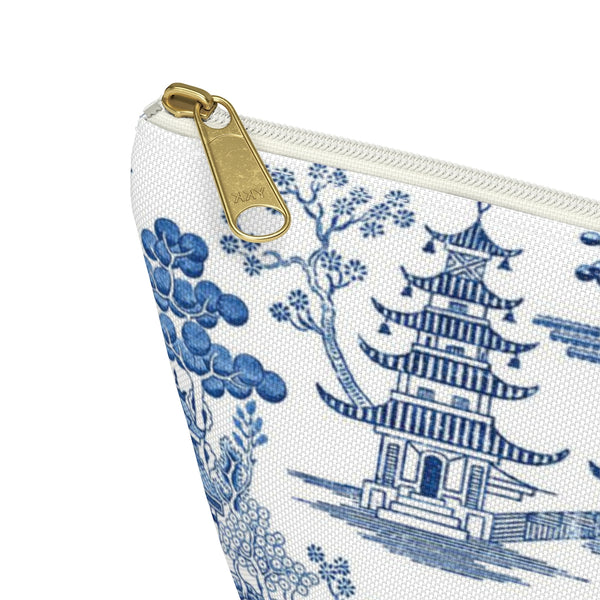 Chinoiserie, Toile, Blue and White - Accessory Zip Pouch Available in Two Sizes - White canvas laminated interior