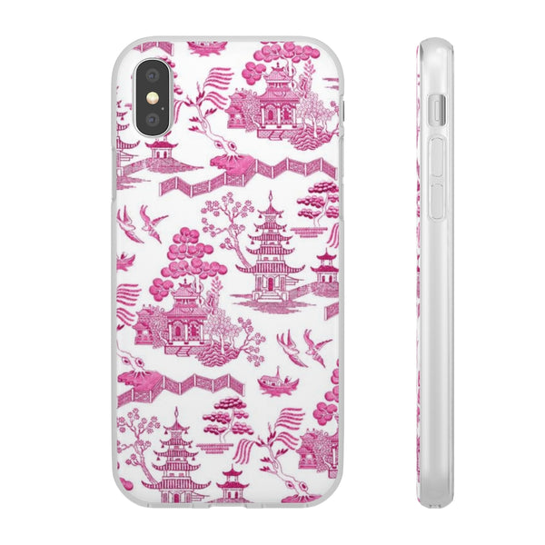 Flexible Phone Case - Chinoiserie Hot Pink and White Toile pagoda Choose style iPhone Samsung