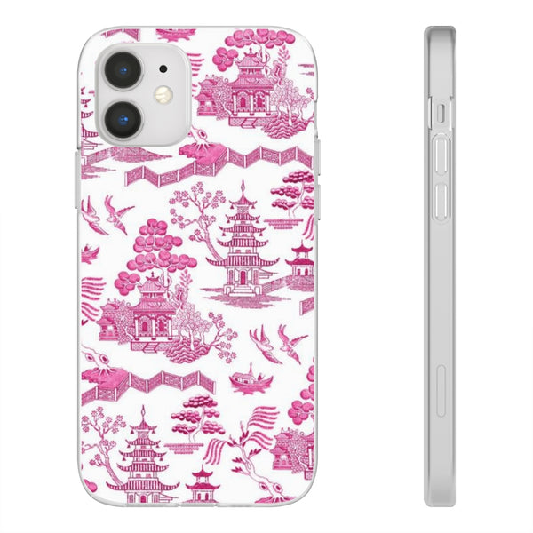 Flexible Phone Case - Chinoiserie Hot Pink and White Toile pagoda Choose style iPhone Samsung