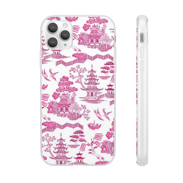 Flexible Phone Case - Chinoiserie Hot Pink and White Toile pagoda Choose style iPhone Samsung