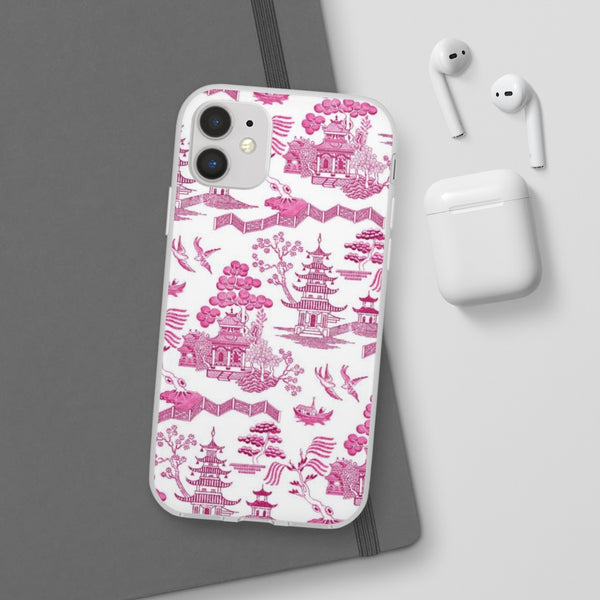 Flexible Phone Case - Chinoiserie Hot Pink and White Toile pagoda Choose style iPhone Samsung