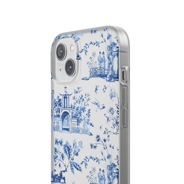 Flexible Phone Case - Chinoiserie Blue and White Toile Pagoda iPhone Samsung, White Background with Blue Toile Pattern