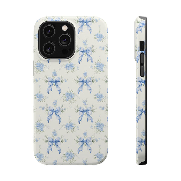 Mag Safe Phone Case  Preppy Blue Bows and Floral Design Magnetic Tough Case for iPhone - Durable