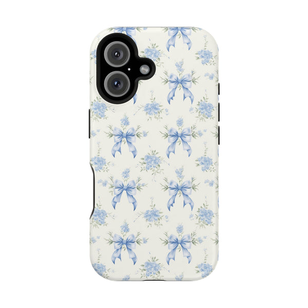 Mag Safe Phone Case  Preppy Blue Bows and Floral Design Magnetic Tough Case for iPhone - Durable