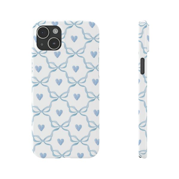 Bow and Heart Collab Print, Coquette blue and white, loveshackfancy inspired, preppy print Phone Case, all iPhone 15 14 Plus Pro Max 13